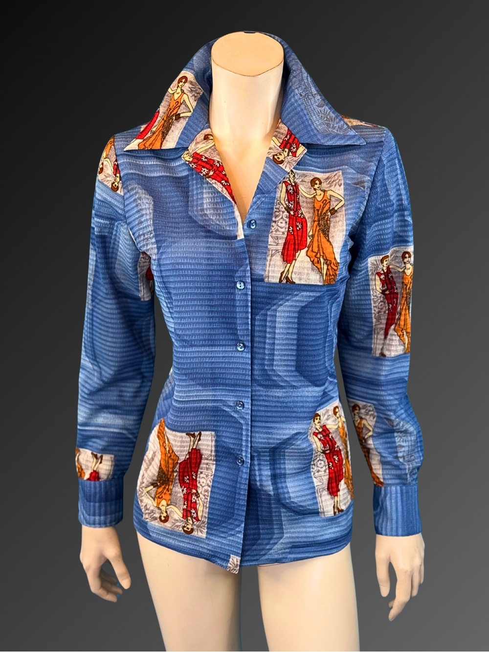 1970s Blue Art Deco Novelty Print Disco Mod Button Up Dagger Collar Blouse | S M